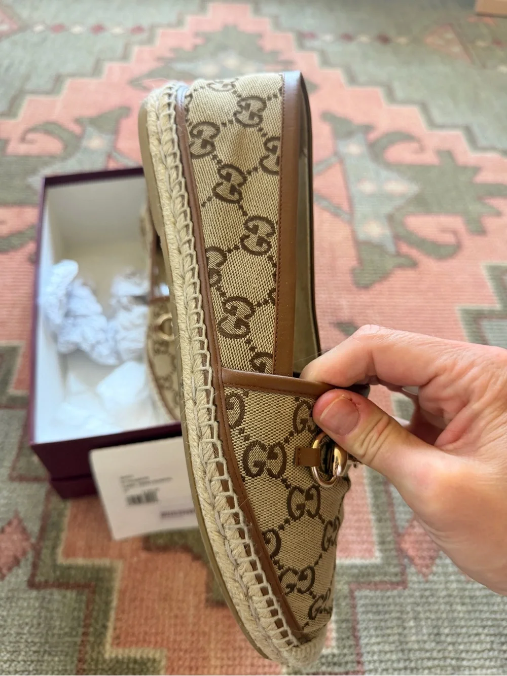 Gucci Beige Camel GG Canvas Horsebit Espadrille Loafers
